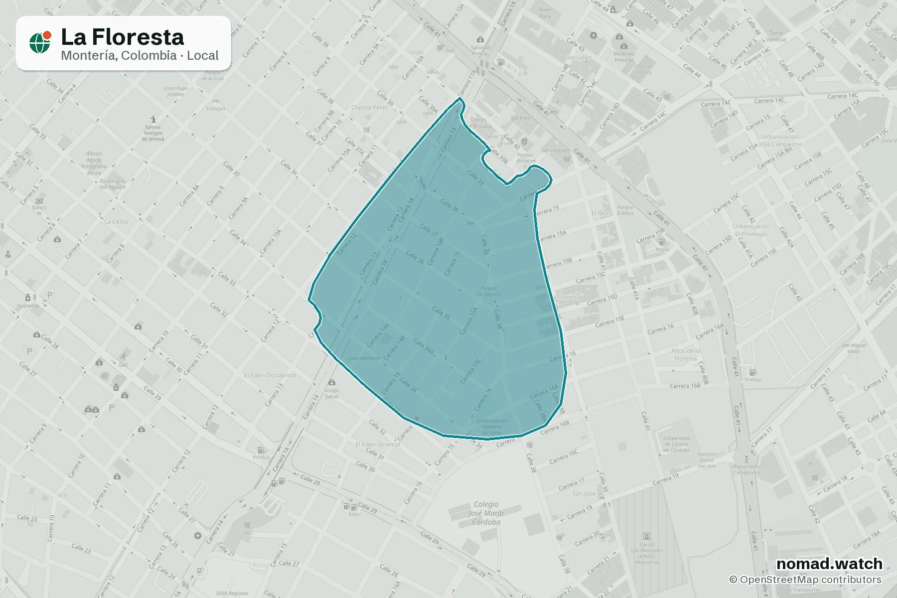 La Floresta neighborhood map in Montería, Colombia