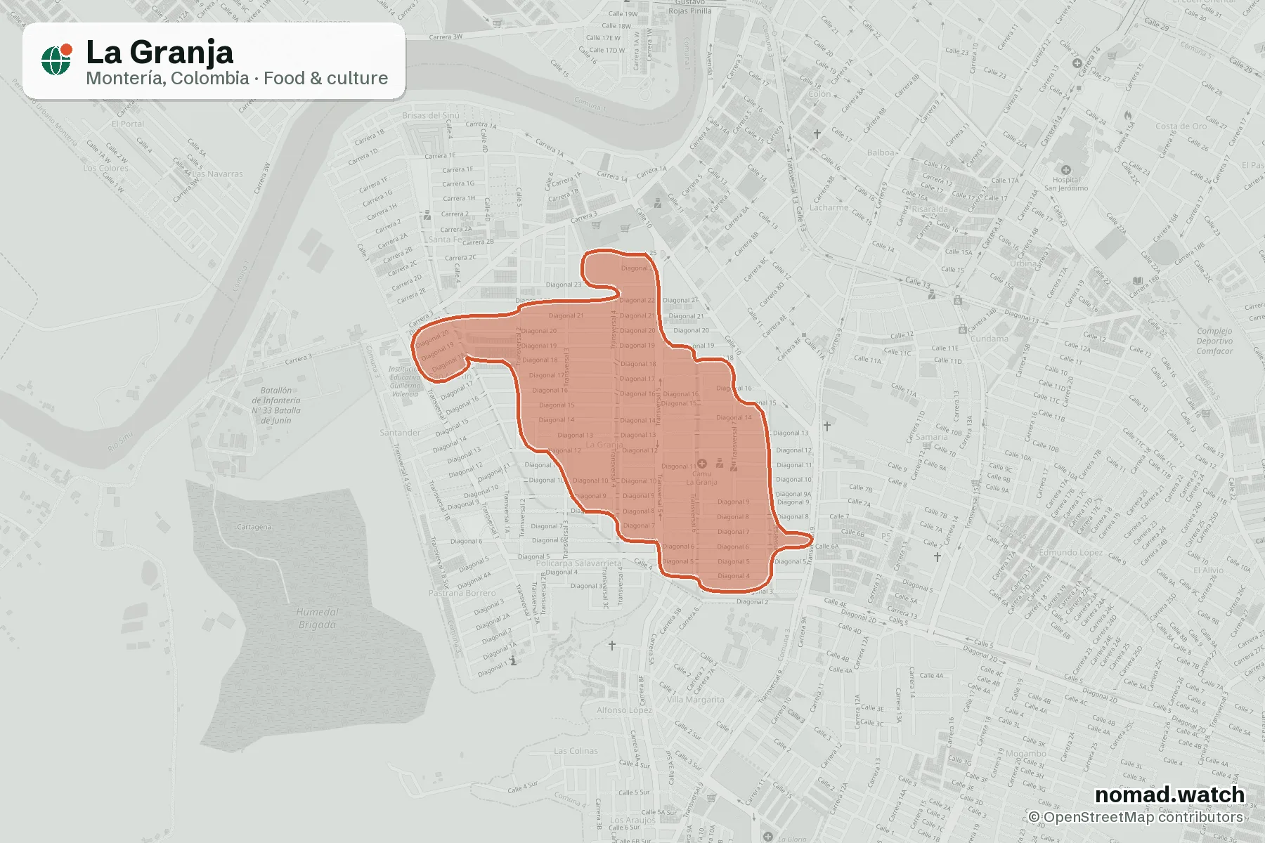 La Granja neighborhood map in Montería, Colombia