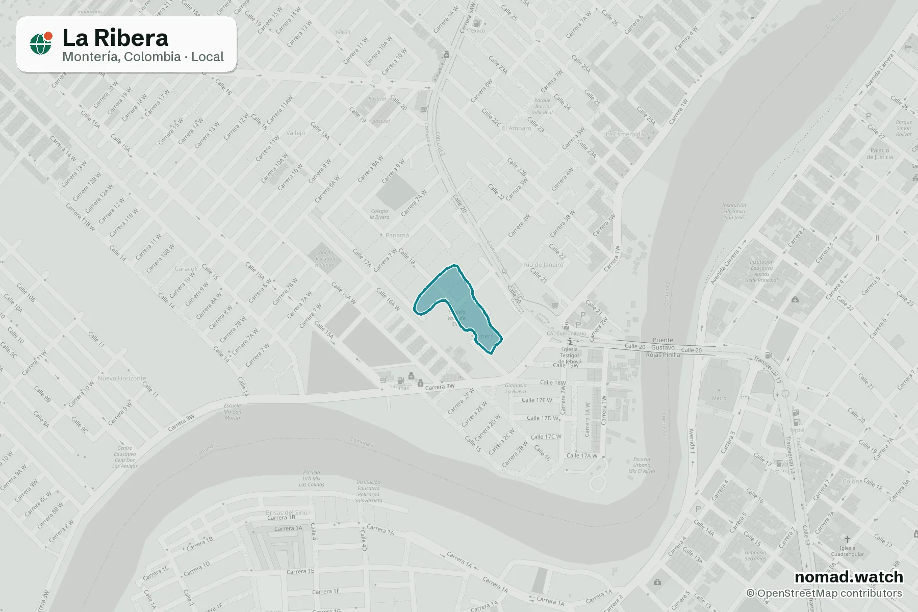 La Ribera neighborhood map in Montería, Colombia