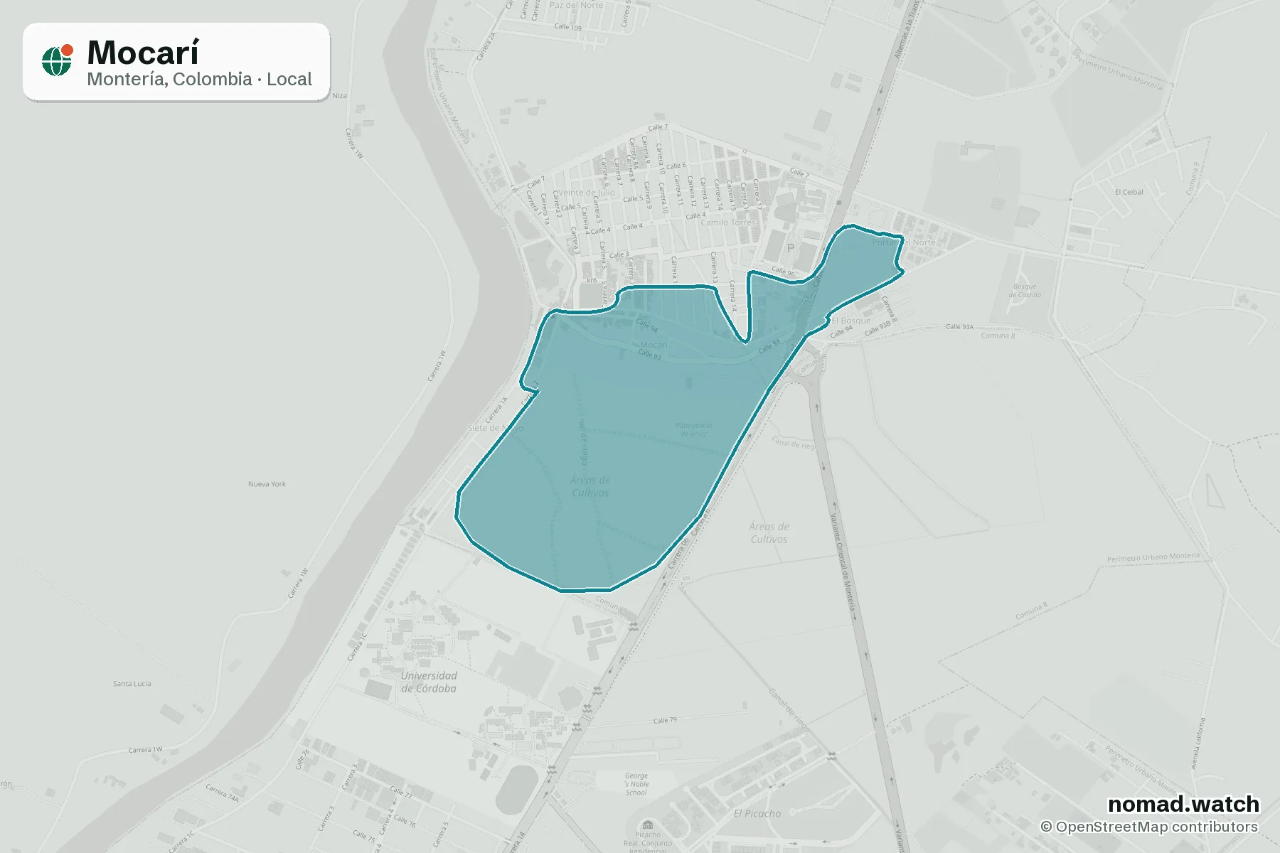 Mocarí neighborhood map in Montería, Colombia
