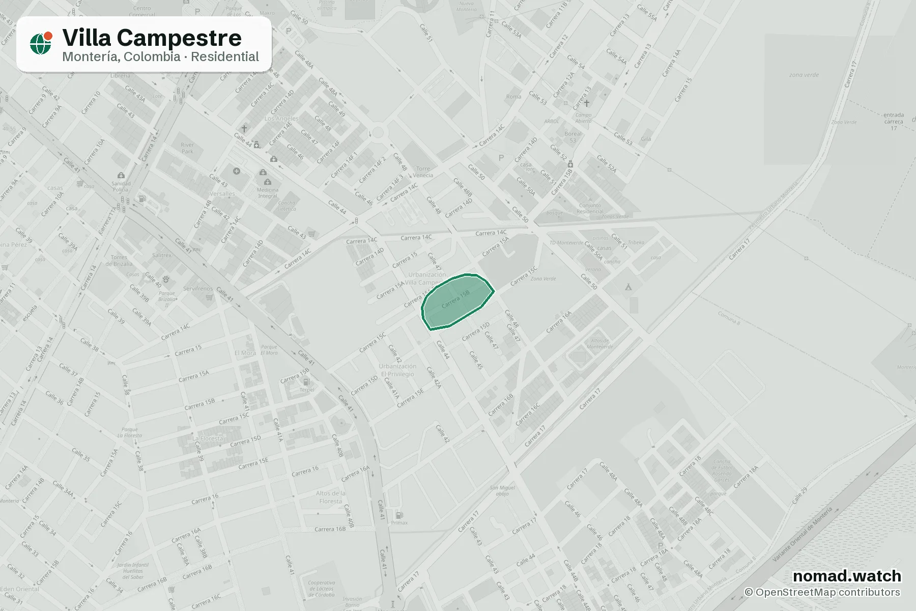 Villa Campestre neighborhood map in Montería, Colombia