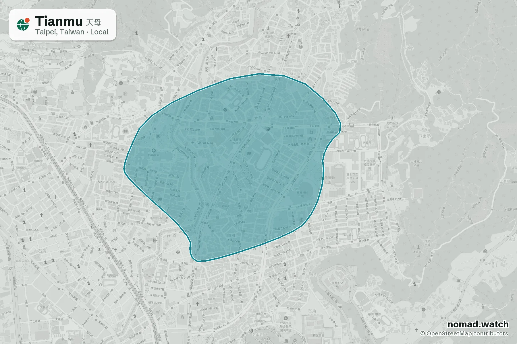 Tianmu neighborhood map in Taipei, Taiwan