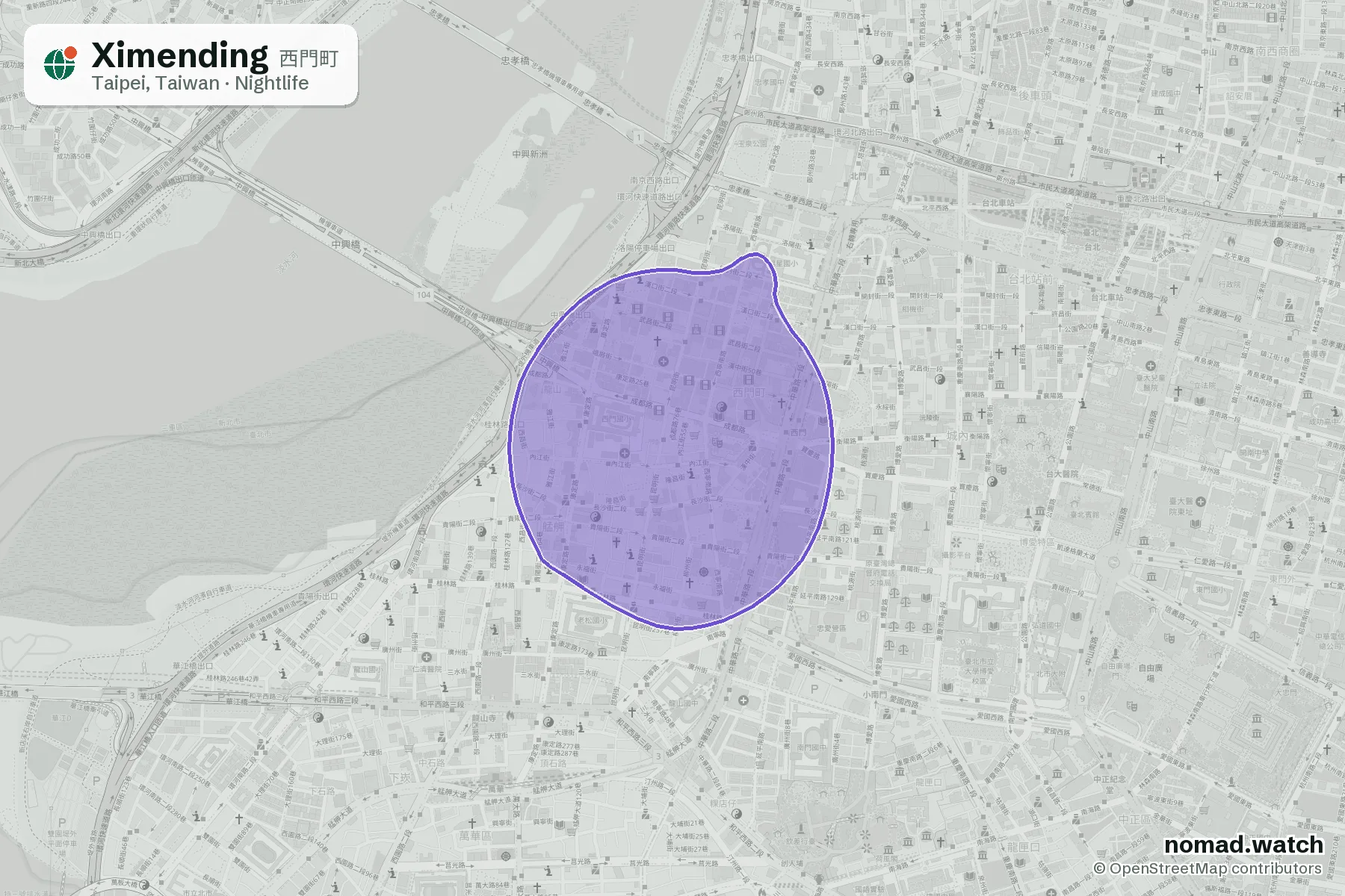 Ximending neighborhood map in Taipei, Taiwan