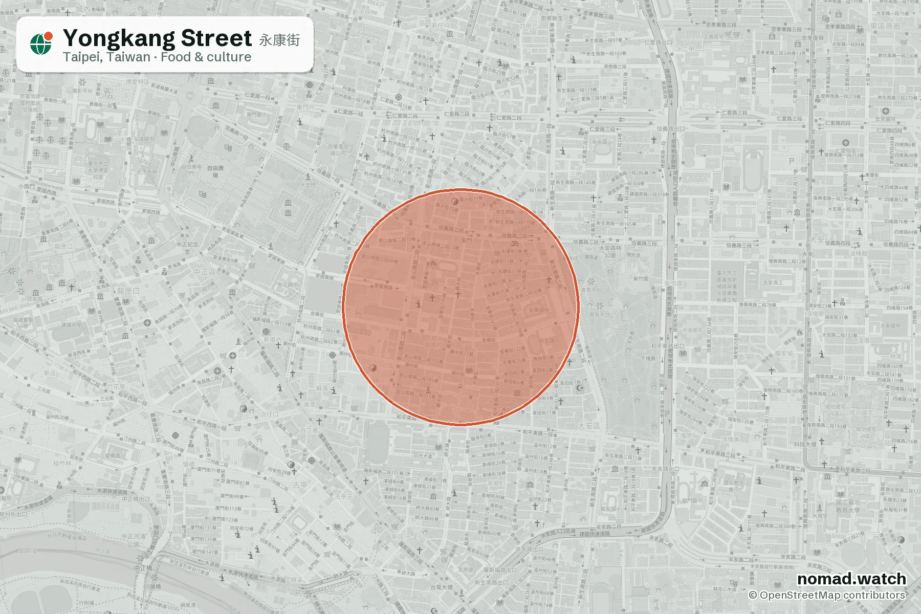 Yongkang Street neighborhood map in Taipei, Taiwan