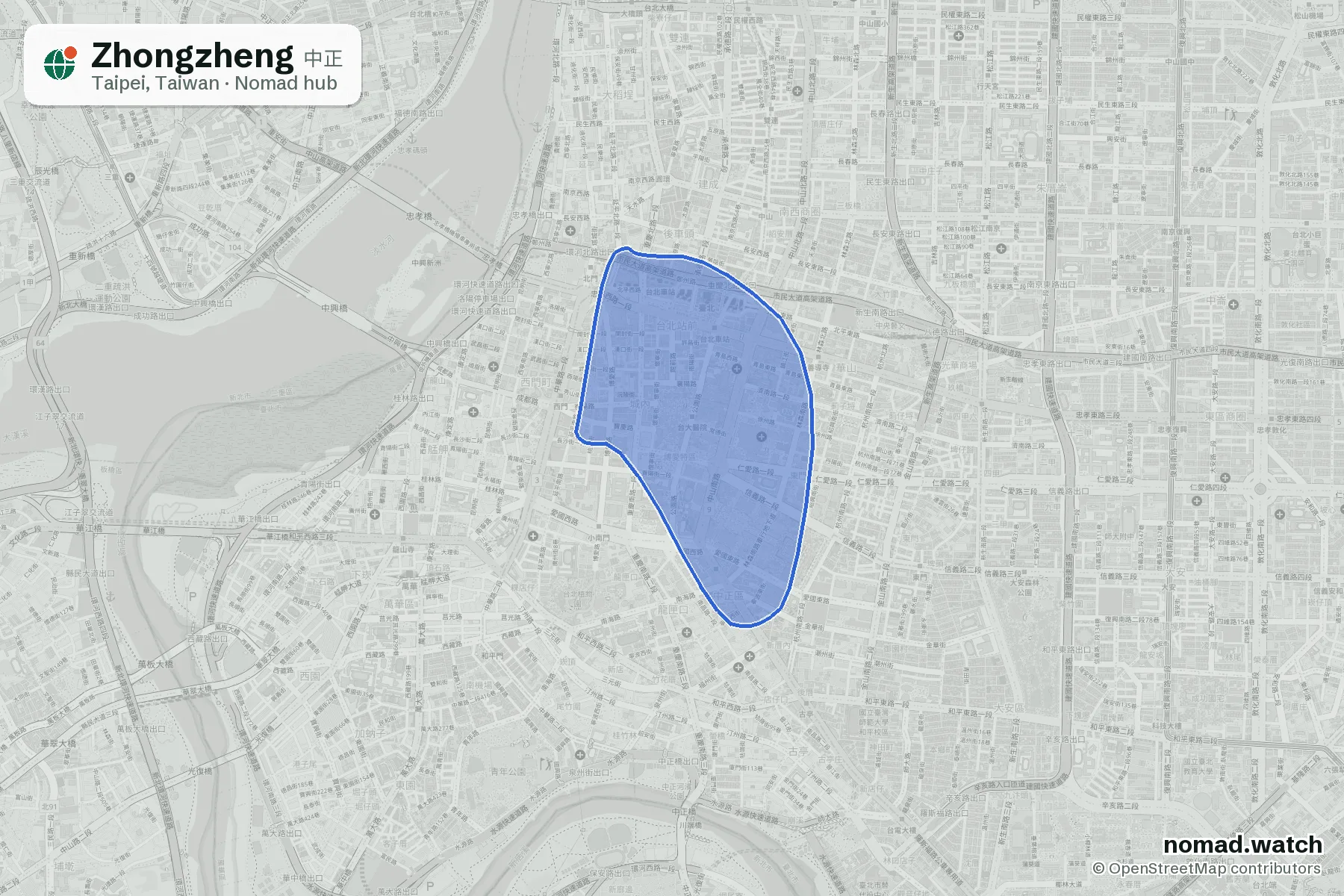 Zhongzheng neighborhood map in Taipei, Taiwan