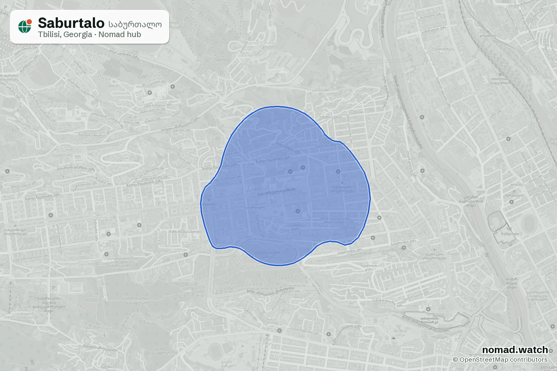 Saburtalo neighborhood map in Tbilisi, Georgia